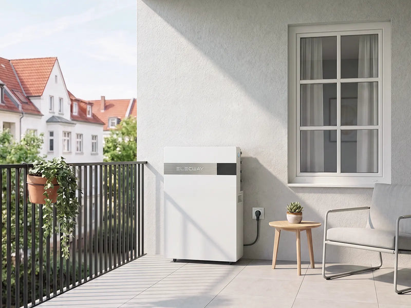 Balkonkraftwerk mit Speicher auf einem Terrassenbalkon eines Wohnhauses, steckerfertige Solar-Batterieanlage für Mieter
